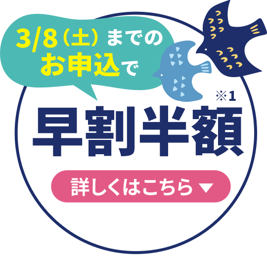 3/8(土)までのお申込で早割半額 詳しくはこちら