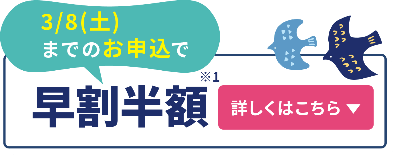 3/8(土)までのお申込で早割半額 詳しくはこちら