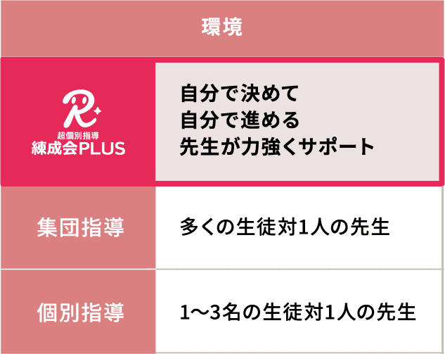 「環境」では、練成会PLUSは「自分で決めて、自分で進める、先生が力強くサポート」、集団指導は「多くの生徒対1人の先生」、個別指導は「1～3名の生徒対1人の先生」。